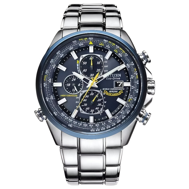 CITIZEN Eco-Drive Sport Luxury World Chronograph Atomic Time Keeping Watch in Stainless Steel, Blue Dial