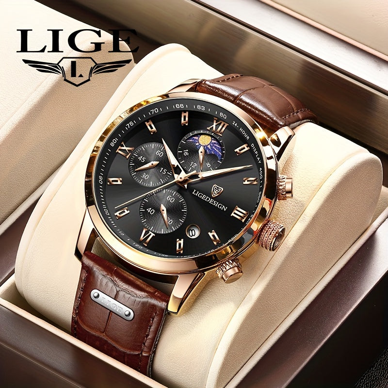 LIGE Men's Quartz Wrist Watch with Faux Leather Band