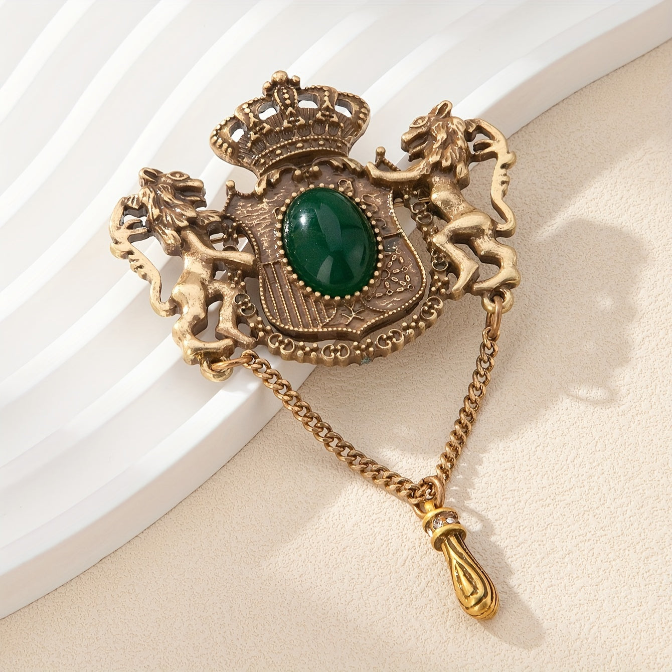 Baroque Court Style Vintage Lion Brooch with Green Gemstone & Tassel