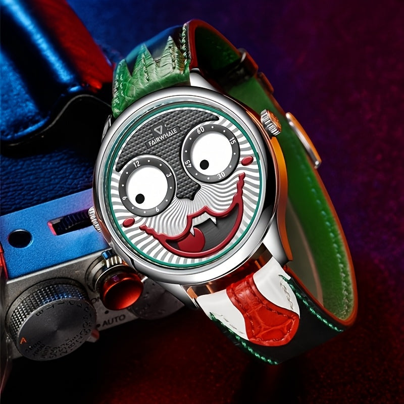 MARK FAIRWHALE  Cool Joker Mens Classic Clown Watch Fashion Leather Strap Waterproof Quartz