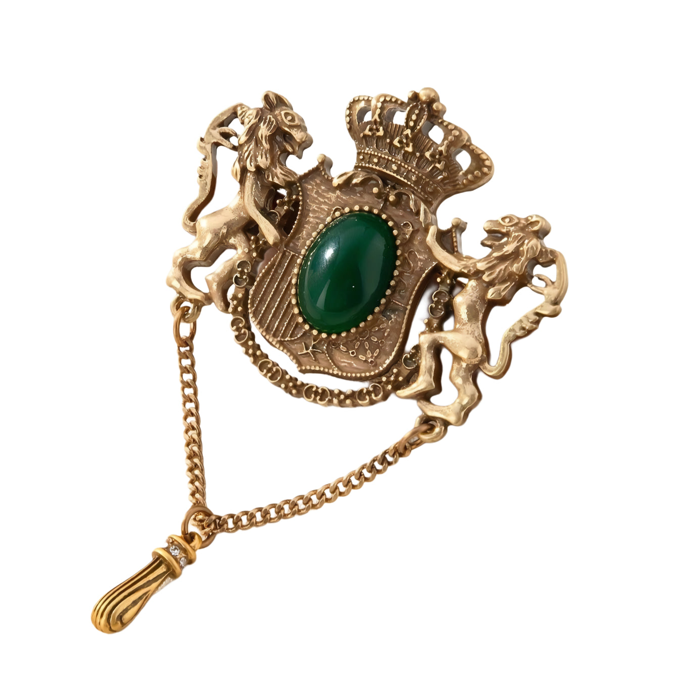 Baroque Court Style Vintage Lion Brooch with Green Gemstone & Tassel