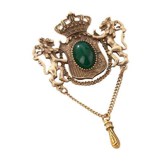 Baroque Court Style Vintage Lion Brooch with Green Gemstone & Tassel