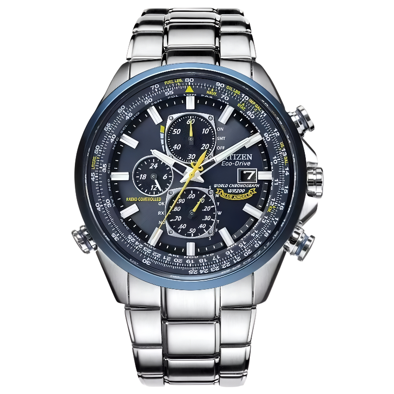 CITIZEN Eco-Drive Sport Luxury World Chronograph Atomic Time Keeping Watch in Stainless Steel, Blue Dial
