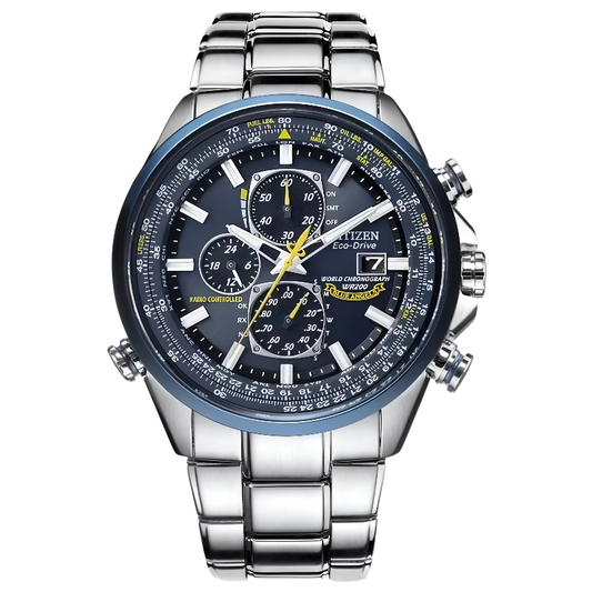 CITIZEN Eco-Drive Sport Luxury World Chronograph Atomic Time Keeping Watch in Stainless Steel, Blue Dial