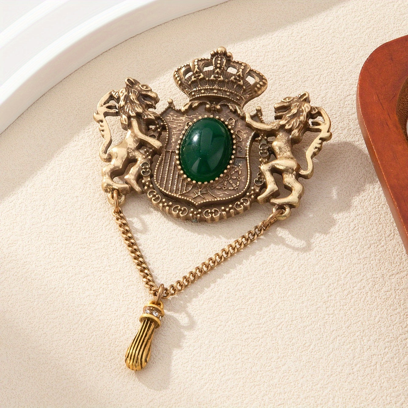 Baroque Court Style Vintage Lion Brooch with Green Gemstone & Tassel