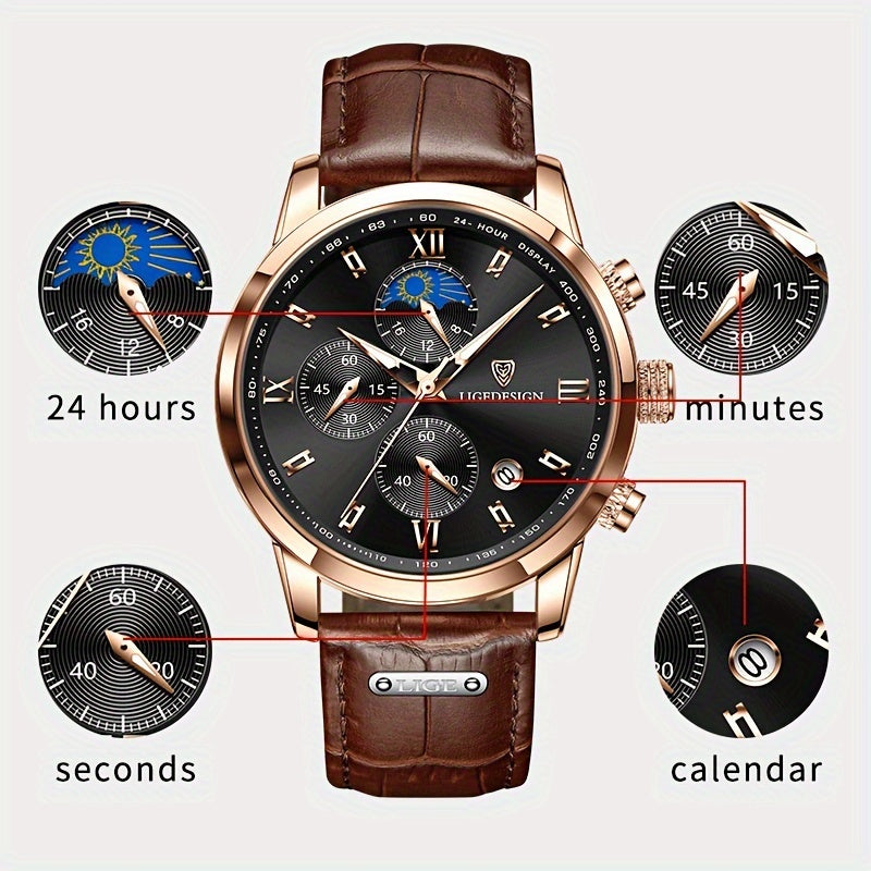 LIGE Men's Quartz Wrist Watch with Faux Leather Band