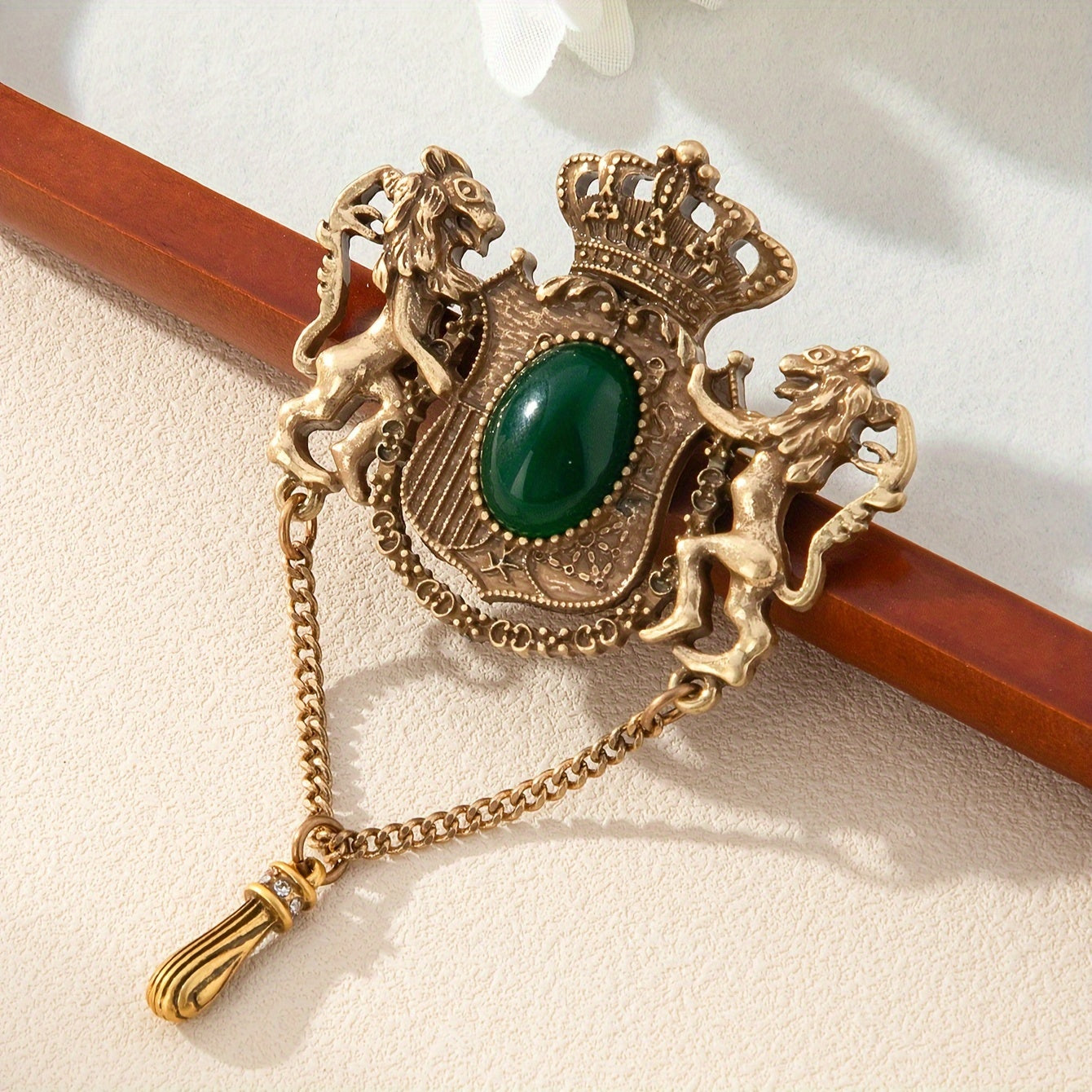 Baroque Court Style Vintage Lion Brooch with Green Gemstone & Tassel