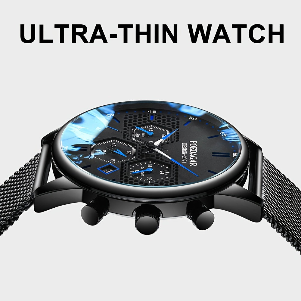 POEDAGAR Men Watch Sport Chronograph Waterproof Luminous Date Wristwatch Fashion Ultra Thin Mesh Belt Men’s Watches