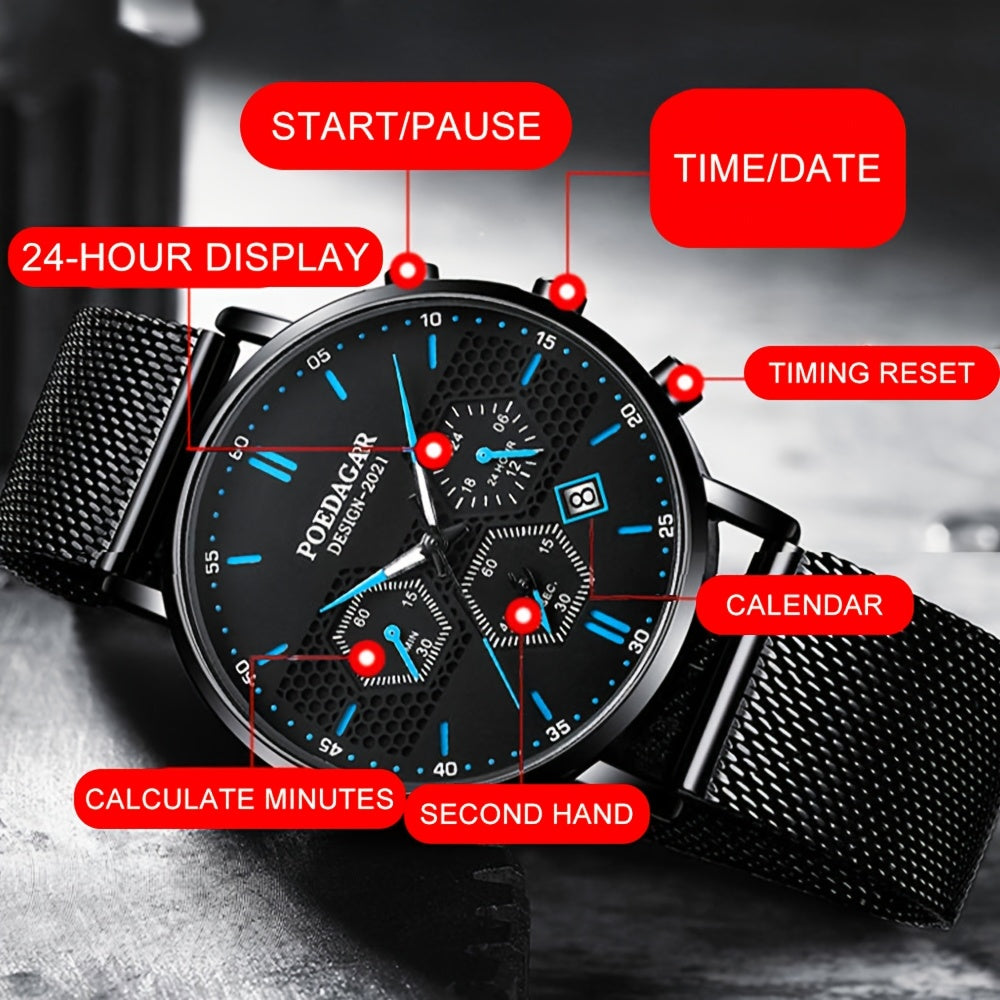 POEDAGAR Men Watch Sport Chronograph Waterproof Luminous Date Wristwatch Fashion Ultra Thin Mesh Belt Men’s Watches