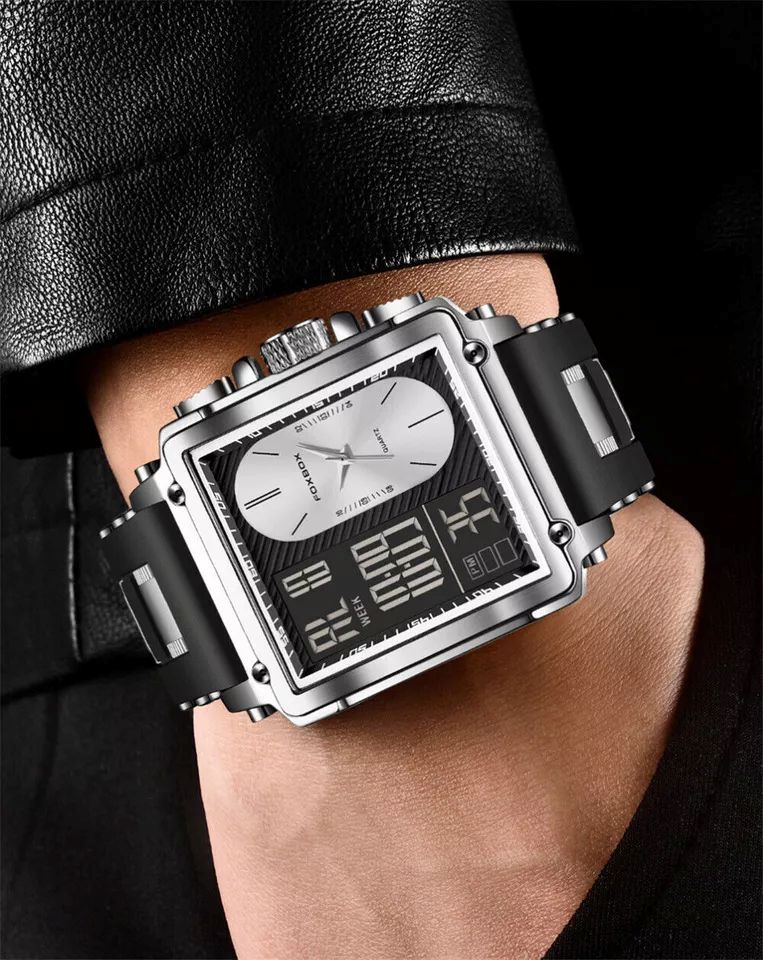 FOXBOX Men Rectangle Watch Silicone Bracelet Sport Wristwatch Quartz Watch