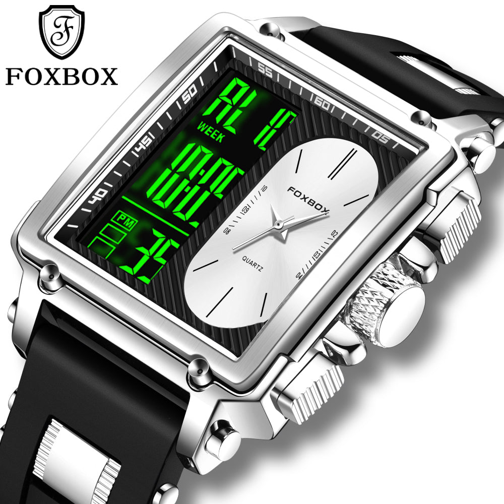 FOXBOX Men Rectangle Watch Silicone Bracelet Sport Wristwatch Quartz Watch